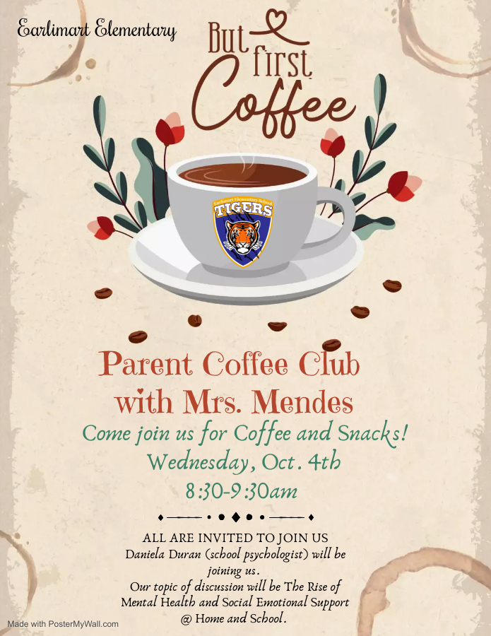 Flyer for parent about a coffee club with the school log on a coffee mug 