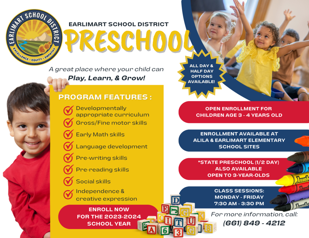 Preschool Flyer, ESD logo, preschool boy in a red shirt,  Preschool students, crayons, building blocks