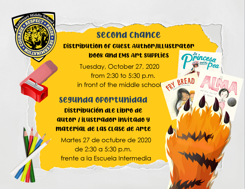 Second Chance Distribution of Guest Author/Illustrator book and EMS Art supplies