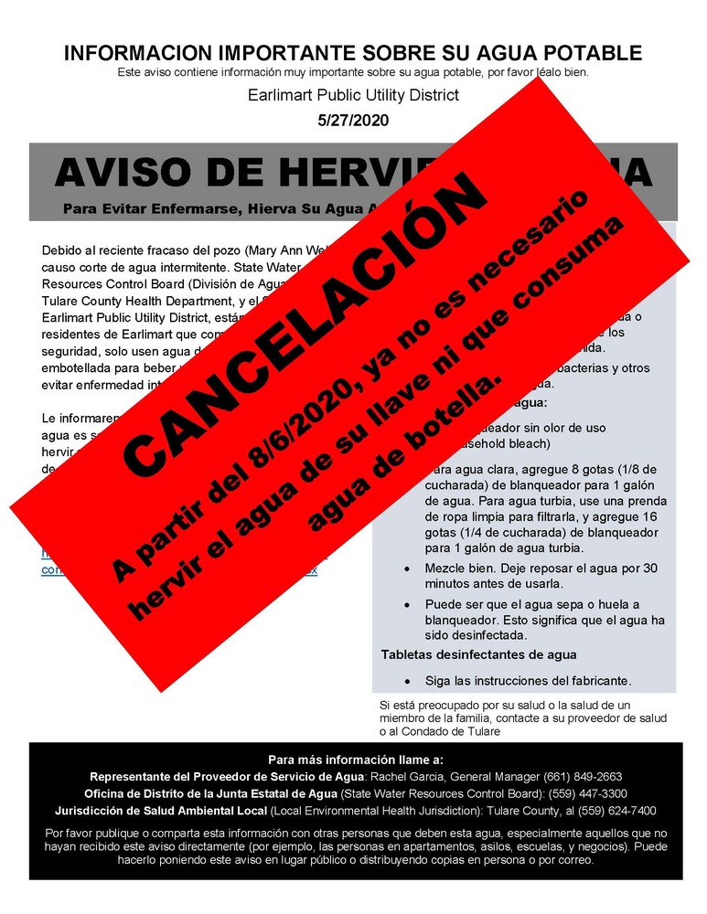 CANCELACION DEL AVISO DE HERVIR EL AGUA